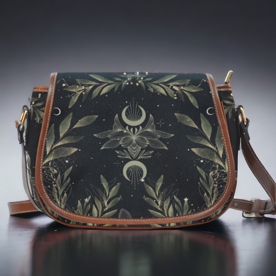 Boho Forest witch Black Vegan leather saddle bag, women magic fern crossed body purse, cute PU leather hand bag goth bag, hippies boho gift