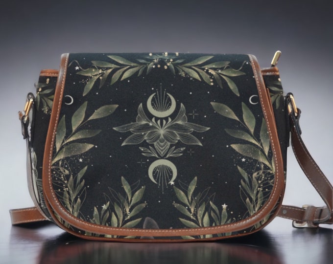 Boho Forest witch Black Vegan leather saddle bag, women magic fern crossed body purse, cute PU leather hand bag goth bag, hippies boho gift
