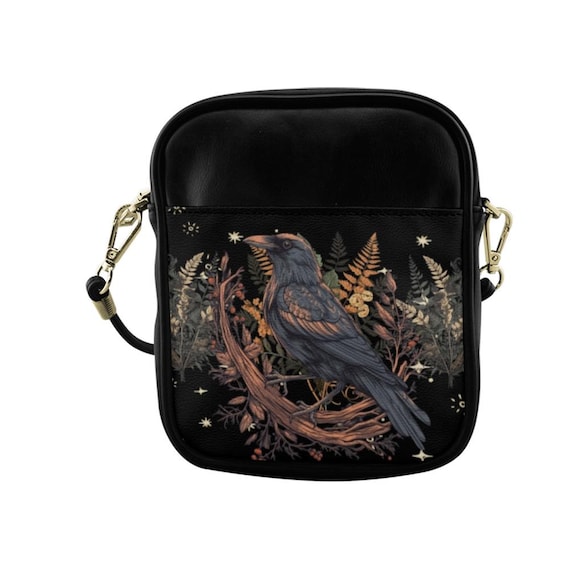 Dark Raven and Fern Sling Bag, Boho Crossbody Bag, Cottagecore Shoulder Raven Purse, Cute Fern Forest Bag, Witchy raven Leather Sling bag