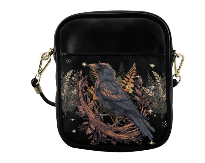 Dark Raven and Fern Sling Bag, Boho Crossbody Bag, Cottagecore Shoulder Raven Purse, Cute Fern Forest Bag, Witchy raven Leather Sling bag