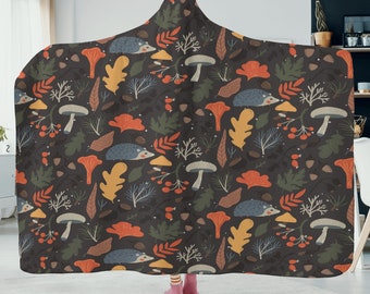 Cottagecore Boho Autumn Wearable Hooded Blanket, Wearable Throw, Festival Blanket, Mushroom Hooded Blanket for Travelers and Campers Gift