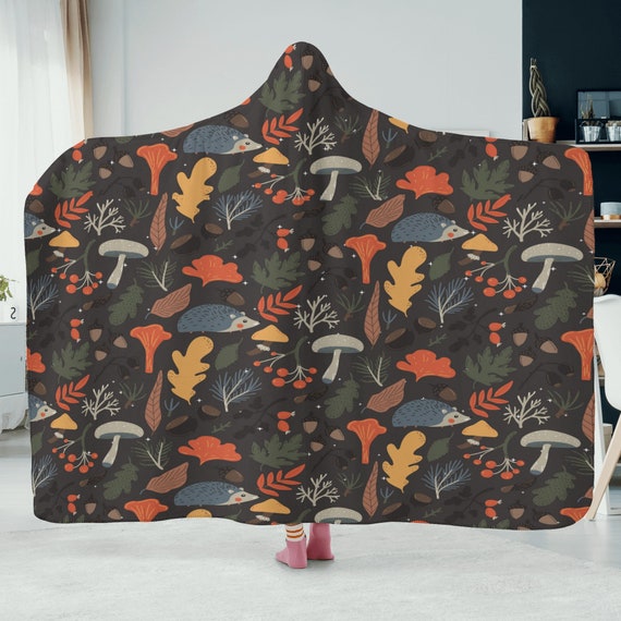 Cottagecore Boho Autumn Wearable Hooded Blanket, Wearable Throw, Festival Blanket, Mushroom Hooded Blanket for Travelers and Campers Gift