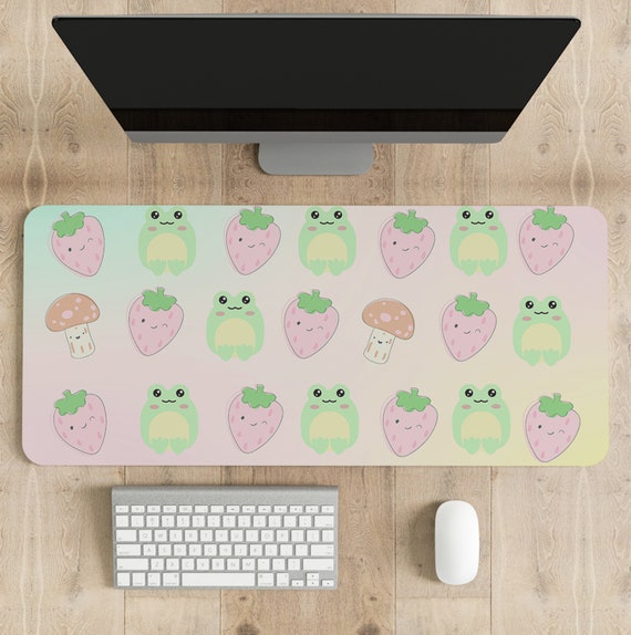 Kawaii frog mushroom and strawberry Mouse pad, Cute gaming large desk mousepad, Froggy Kawaii gamer mousepad cute frog mushroomcore desk mat