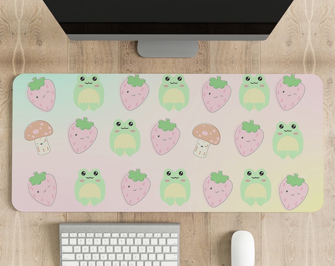 Kawaii frog mushroom and strawberry Mouse pad, Cute gaming large desk mousepad, Froggy Kawaii gamer mousepad cute frog mushroomcore desk mat