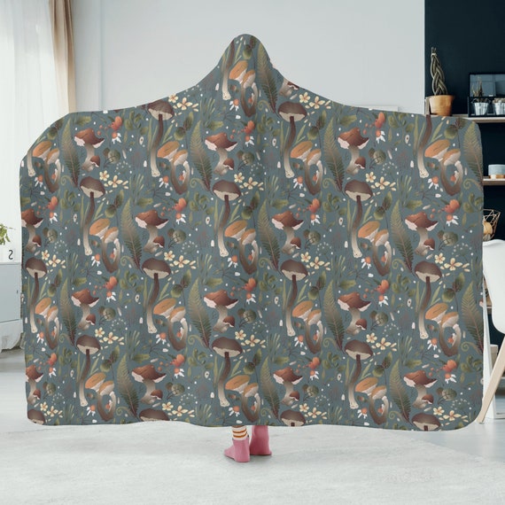 Green Cottagecore Floral Mushroom Forest Hooded Blanket, Green witch mushroom Fern festival cloak blanket, camping mushroom blanket gift