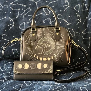 Cottagecore Moon Phases Portefeuille trifold en cuir végétalien, Portefeuille en cuir PU végétalien Sac à main, Sorcière kawaii Boho Femmes Portefeuille mignon Sac à main portefeuille long