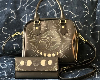 Cottagecore Moon Phases Portefeuille trifold en cuir végétalien, Portefeuille en cuir PU végétalien Sac à main, Sorcière kawaii Boho Femmes Portefeuille mignon Sac à main portefeuille long