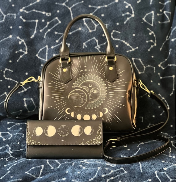 Cottagecore Moon Phases Vegan Leather Trifold Wallet, Vegan PU Leather wallet Purse, kawaii witch Boho women Wallet cute Long wallet purse