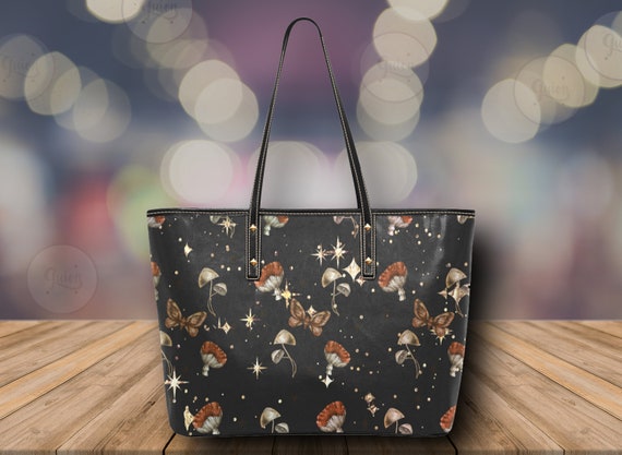 Starry Mushroom Tote Bag, Cottagecore Red Mushroom Large tote Bag or women, cute witchy pu leather handbag, cottagecore pu leather tote bag