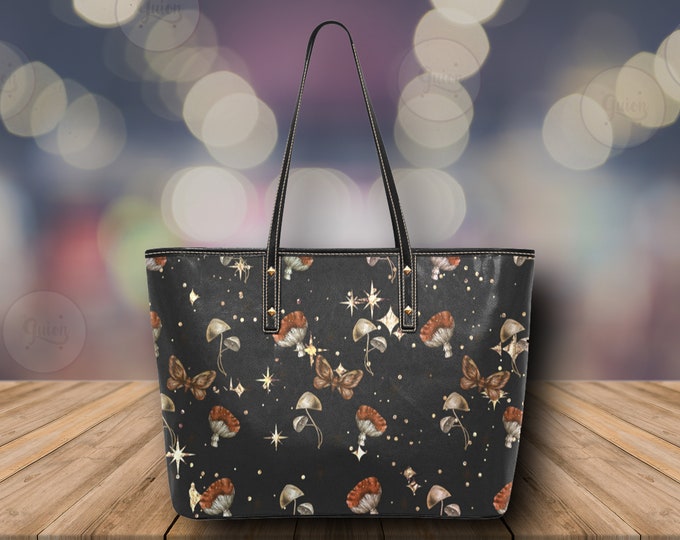 Starry Mushroom Tote Bag, Cottagecore Red Mushroom Large tote Bag or women, cute witchy pu leather handbag, cottagecore pu leather tote bag