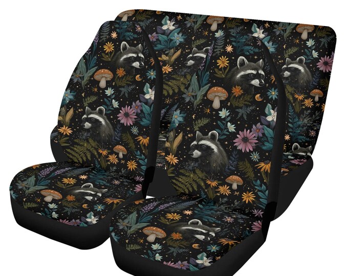 Witchy Raccoon Forest Car Seat Cover For Women, Cottagecore Witchy Ferns Front Bucket Seat Cover For Car Vehicle, Boho Mushroom seat cover