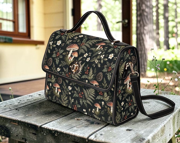 Mushroom Fern Forest Canvas Satchel, Vegan Leather Crossbody Bag, Cottagecore Purse