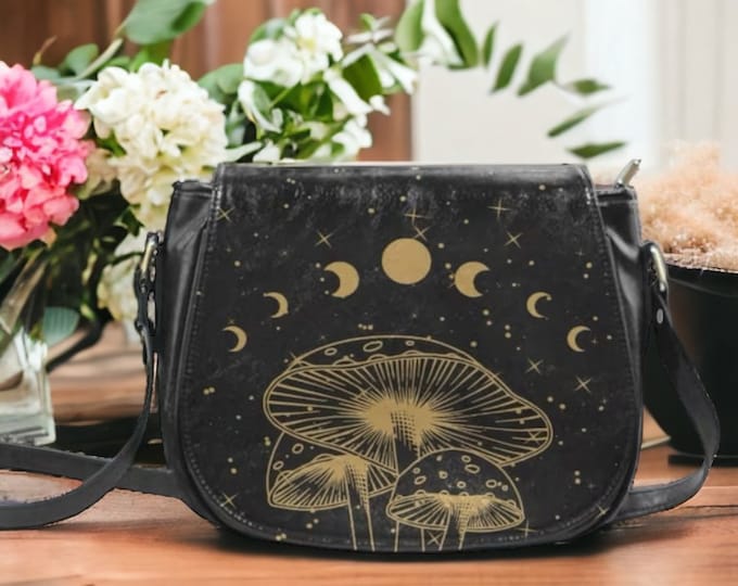 Boho Celestial mushroom Vegan leather Goth saddle bag, witchy crossed body cute PU leather hand bag goth bag, hippies witch purse bag gift