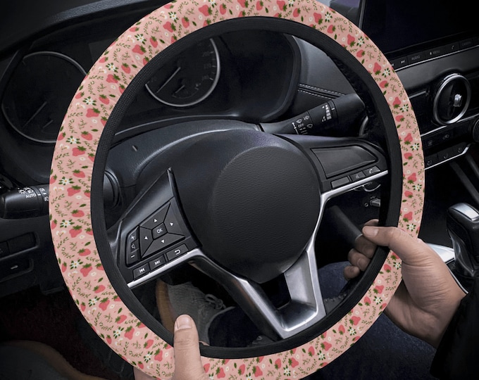 Pink Strawberry Cute Car Steering Wheel Cover, Cottagecore Cute KAwaii Floral Steering Wheel Cover, Boho Cottagecore Car Interior Decor Gift