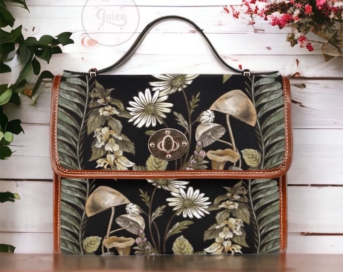 Black kawaii witch Forest Cottagecore Canvas Satchel bag, witchy bag for women, cute vegan leather strap hand bag boho bag hippies boho gift