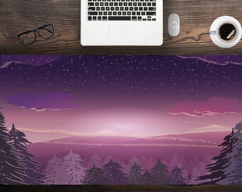 May include: Purple and pink mountain landscape with a starry night sky. The scene features a line of trees in the foreground and a mountain range in the distance.