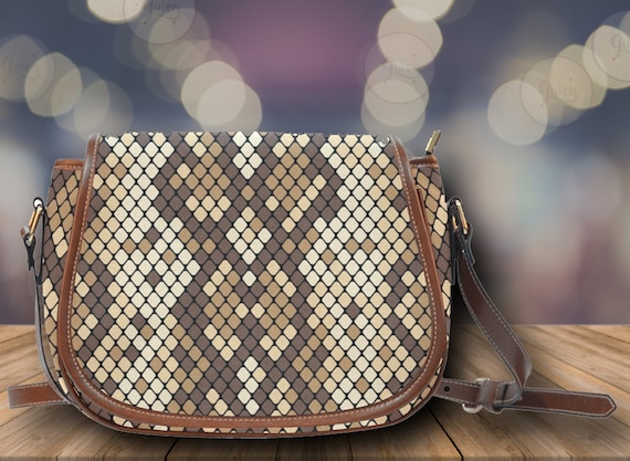 Snake Skin Print Crossbody Saddle Bag, Snake Skin Print Shoulder bag, cute vegan leather strap bag, waterproof bag for women, shoulder bag