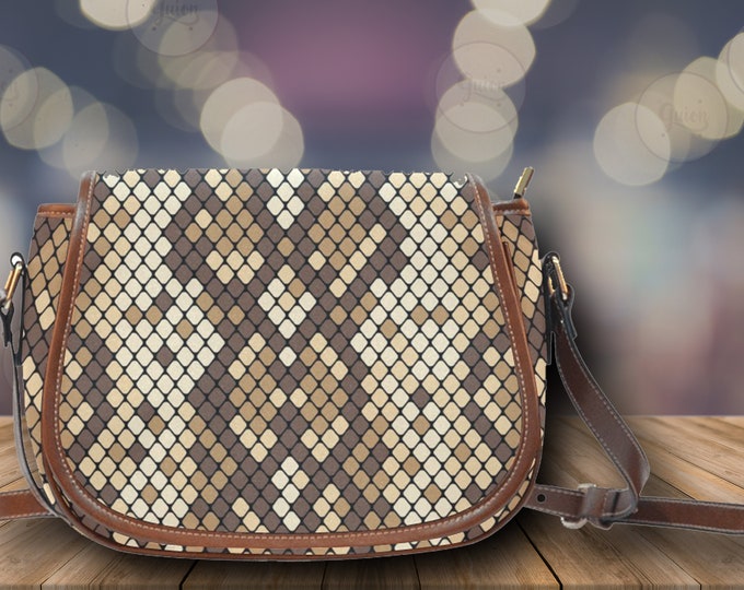 Snake Skin Print Crossbody Saddle Bag, Snake Skin Print Shoulder bag, cute vegan leather strap bag, waterproof bag for women, shoulder bag