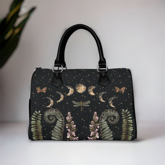 Cottagecore Moon Phases Forest Top Handle Vegan leather nature handbag, Witchy vegan leather purse women, goth bag, hippies boho gift