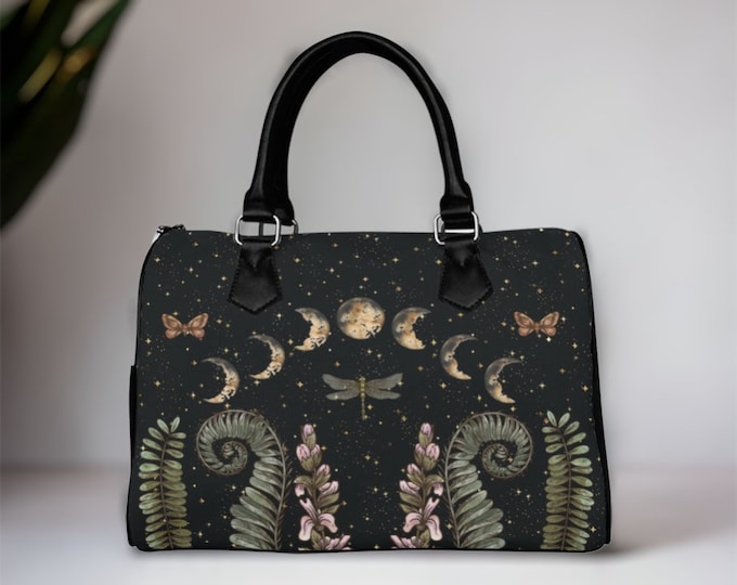 Cottagecore Moon Phases Forest Top Handle Vegan leather nature handbag, Witchy vegan leather purse women, goth bag, hippies boho gift