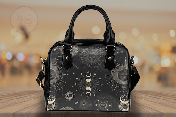Kawaii black witchy elements bowler hand bag, witchcraft goth PU Vegan leather handbag with shoulder strap, cute goth Japanese bowling purse