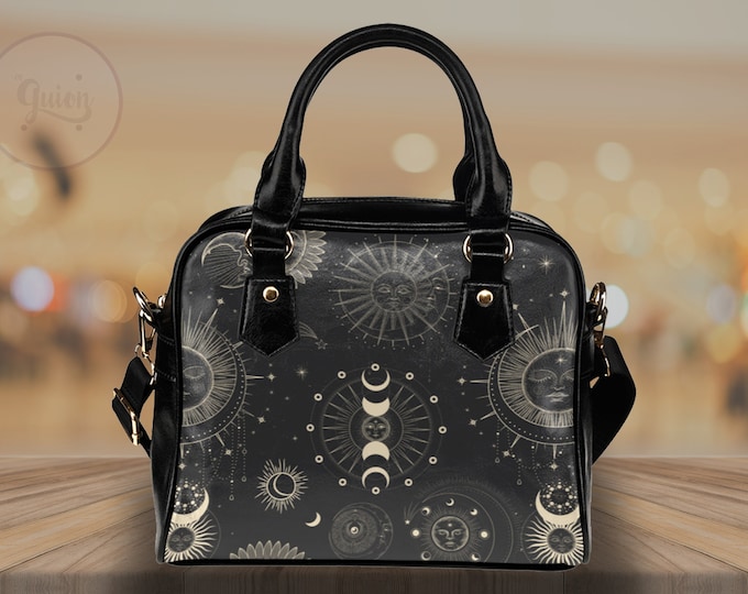 Kawaii black witchy elements bowler hand bag, witchcraft goth PU Vegan leather handbag with shoulder strap, cute goth Japanese bowling purse
