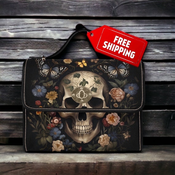 Skull Witchy Bag: Gothic Crossbody with Floral Skull Witchcraft Detail - Stylish & Organized Accessory Bag for Witches. Goth Decorative Bag