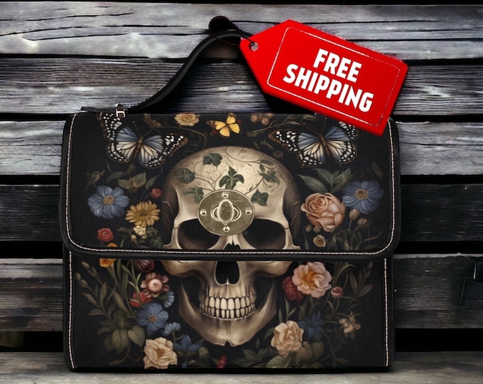 Skull Witchy Bag: Gothic Crossbody with Floral Skull Witchcraft Detail - Stylish & Organized Accessory Bag for Witches. Goth Decorative Bag