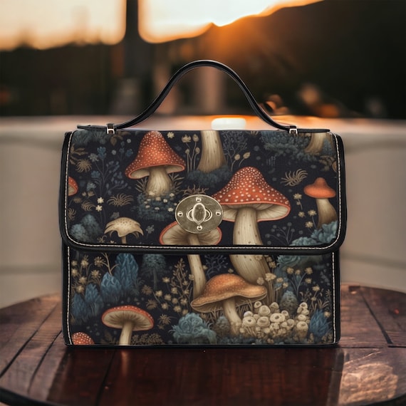 Cottagecore Mushroom boho witch satchel bag, mushroomcore Dark academia Black Vegan leather trim handbag, Gothic womens purse satchel bag