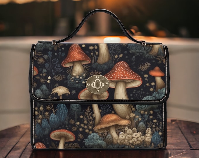 Cottagecore Mushroom boho witch satchel bag, mushroomcore Dark academia Black Vegan leather trim handbag, Gothic womens purse satchel bag
