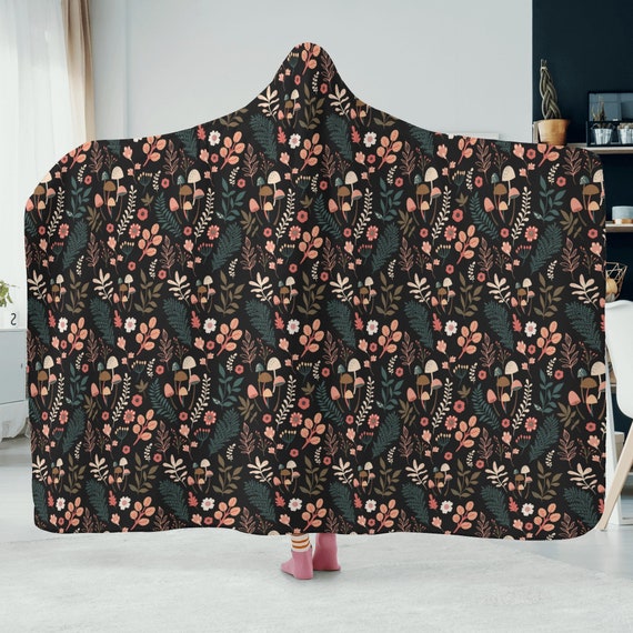 Floral goth magic mushroom Soft Hooded Blanket, Cute Goth cottage witch mystical blanket, Personalized custom blanket, hooded blanket gift