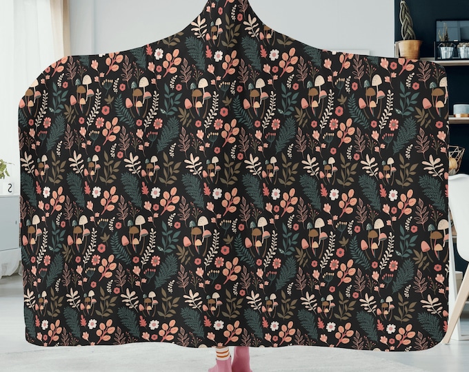Floral goth magic mushroom Soft Hooded Blanket, Cute Goth cottage witch mystical blanket, Personalized custom blanket, hooded blanket gift