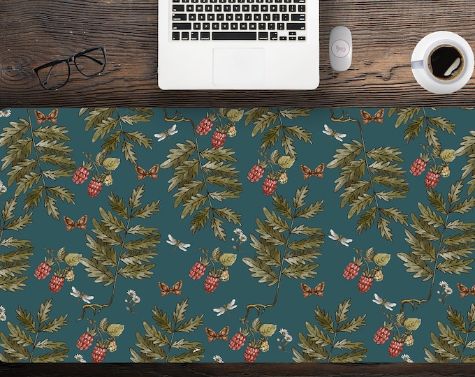 Cute Forager Fern and Dragonfly Green Cottagecore Desk Mat, Boho Extended Cute Mouse Pad Green, Extra Large Gaming Desk Pad, Mouse Pad Gamer