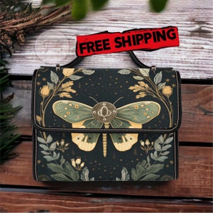 Sac cartable papillon de nuit gothique, sac à main lune de mite de forêt sorcière, sac cartable de toile de sorcière mignon Cottagecore, mignon cartable goth, sac à main antimite de noyau de cottage