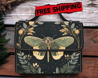 Goth Moth Satchel Bag, Witchy Forest Moth Moon Purse, Cute Cottagecore Witch Canvas Satchel Bag, mignon goth satchel, Cottage Core Moth Purse