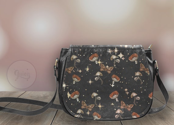 Cottagecore Mushroom witch Black Vegan leather saddle bag, women mushroom crossbody purse, PU leather hand bag goth bag, hippies boho gift