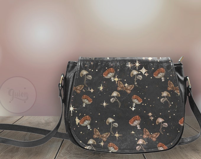 Cottagecore Mushroom witch Black Vegan leather saddle bag, women mushroom crossbody purse, PU leather hand bag goth bag, hippies boho gift