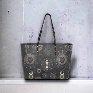 Witch Bag Boho Astrology witchy Celestial Vegan leather large tote bag, PU leather shoulder bag, Cute Goth big zip tote women laptop bag