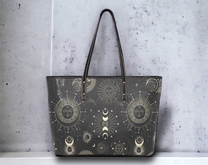 Witch Bag Boho Astrology witchy Celestial Vegan leather large tote bag, PU leather shoulder bag, Cute Goth big zip tote women laptop bag