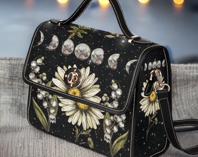 Cottagecore Daisy Moon Witch Canvas Satchel bag, cottagecore witch women purse, cute vegan leather strap hand boho bag, hippies boho gift