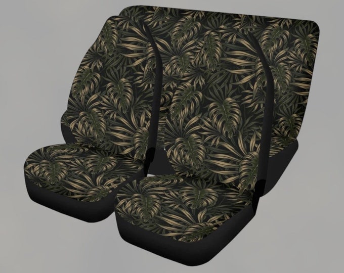 Dark Tropical Leaves Boho Car Seat Cover For Women, Cottagecore Cute Green Floral Front Bucket Seat Cover For Car Vehicle, Nature seat cover