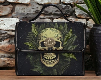 Dark Academia Satchel bag, Green Forest Ferns Skeleton crossed body purse, Witchy Handbag, cute vegan leather trim hand bag, Goth Purse Gift