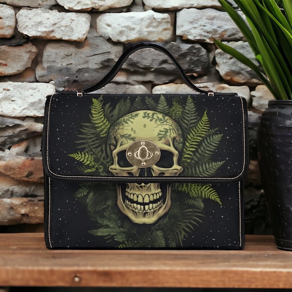 Dark Academia Satchel bag, Green Forest Ferns Skeleton crossed body purse, Witchy Handbag, cute vegan leather trim hand bag, Goth Purse Gift