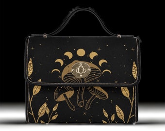 Cottagecore Gold Moon Mushroom Black Canvas Satchel bag, Cute women crossbody purse, cute black strap hand bag, hippies boho gift purse