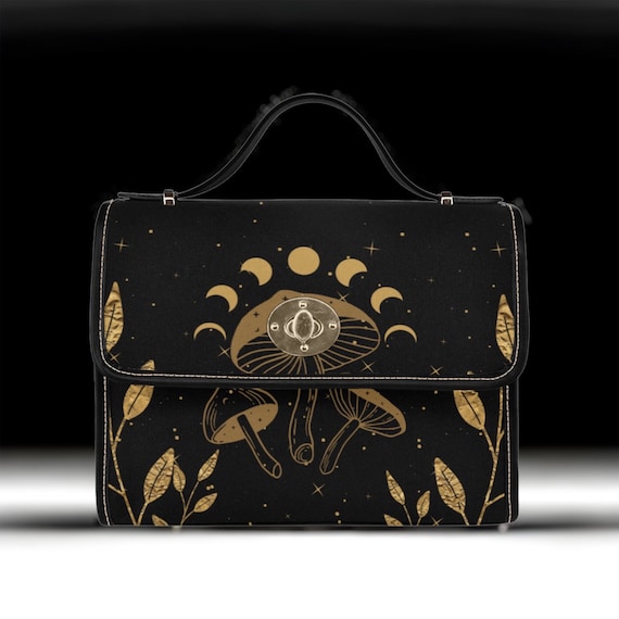 Cottagecore Gold Moon Mushroom Black Canvas Satchel bag, Cute women crossbody purse, cute black strap hand bag, hippies boho gift purse
