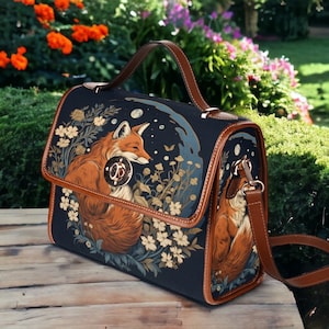 Retro Fox in the Forest Canvas Satchel bag, Cottagecore forestcore crossbody purse, cute vegan leather strap goth bag, hippies boho gift zdjęcie 6