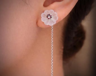 Natural Pink tourmaline round cut with crystal quartz flower in 14k gold, 925 sterling silver October birthstone thread and needle earring