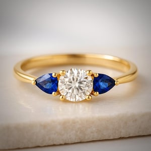 Moissanite ring with Sapphire side Stone/ Engagement Ring/ pear cut sapphire/ promise ring/ toi et moi Ring/ proposal ring /gift for her