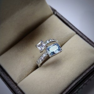 Aquamarine and moissanite Two Stone Ring - Engagement Ring - Princess cut aquamarine Ring - promise ring - toi et moi Ring - gift for her