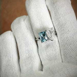 Aquamarine and moissanite Two Stone Ring - Engagement Ring - Princess cut aquamarine Ring - promise ring - toi et moi Ring - gift for her